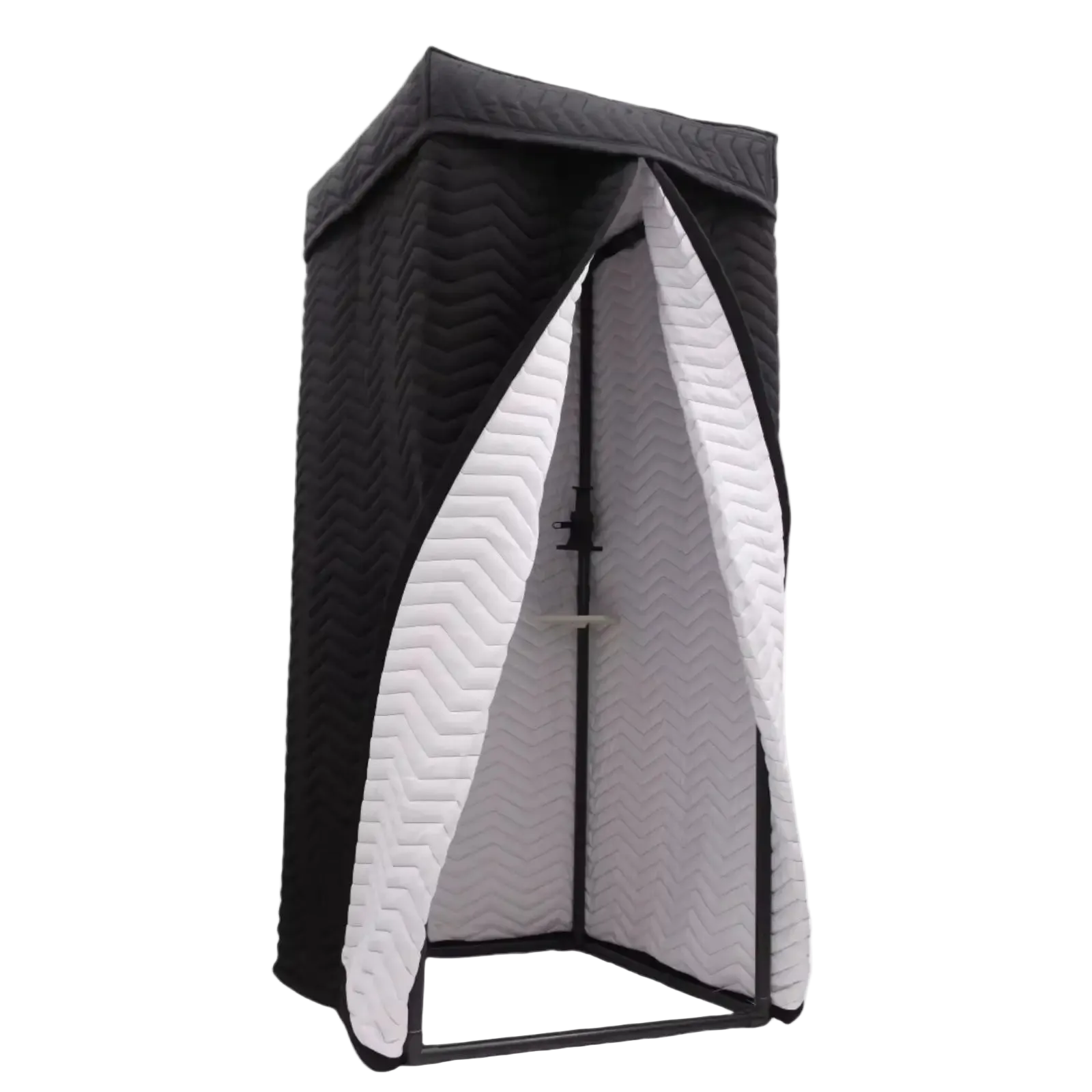 Open portable vocal booth with white acoustic interior for professional recording