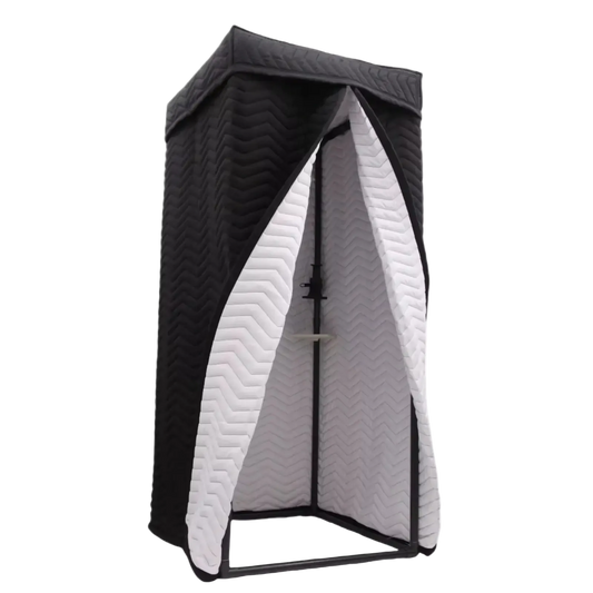 Open portable vocal booth with white acoustic interior for professional recording
