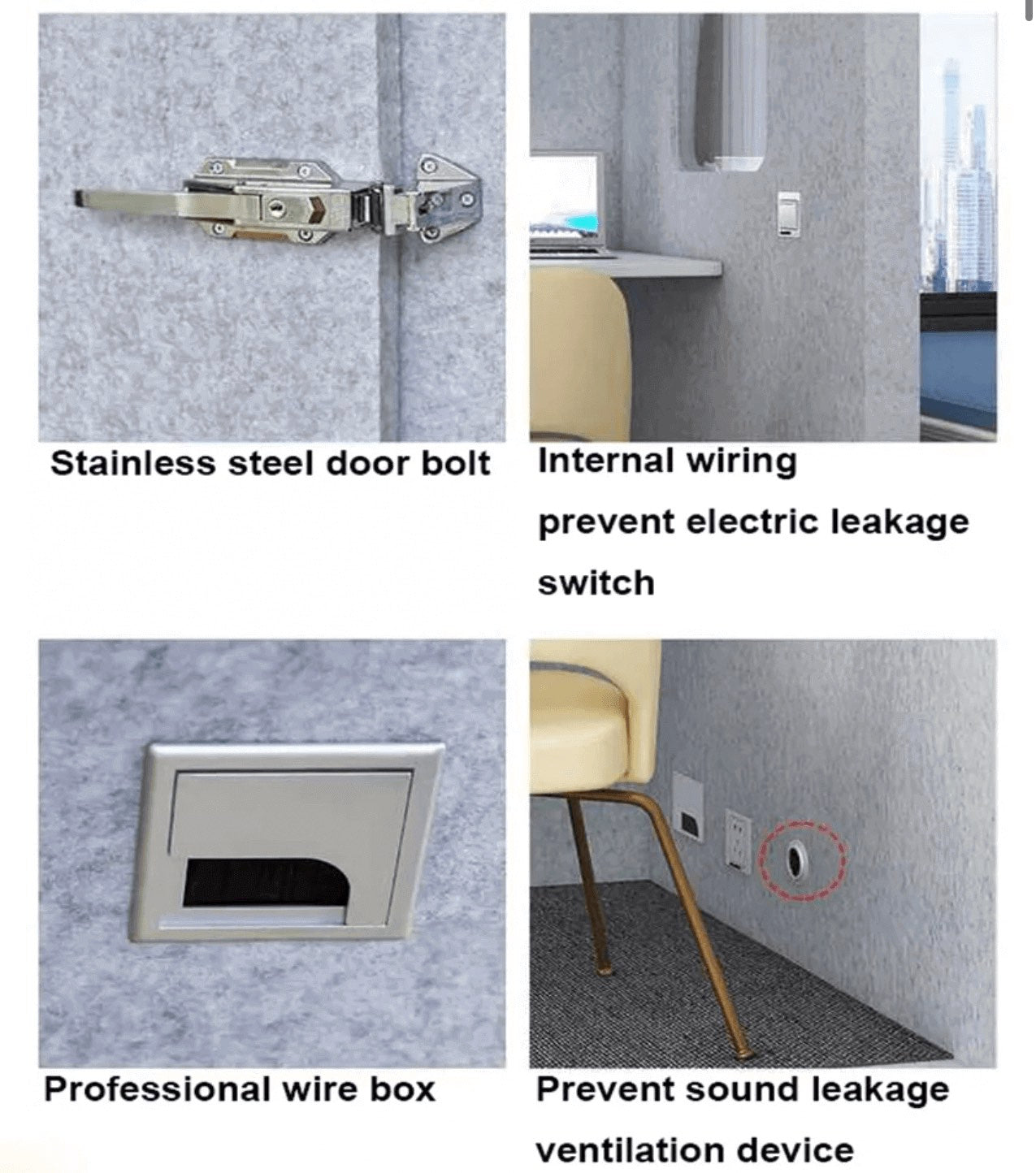 Innenraum-Details der Bassaffine SOLID Aluminium-Plastic Soundproof Cabin – zeigt Edelstahltürschloss, internes Stromsystem mit Schalter, professionelle Kabelbox und schallgedämmte Lüftungseinheit für höchste Sicherheits- und Geräuschstandards.