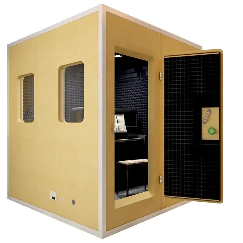 Gesangskabine SOLID Polymer Fiber von Bassaffine – gelbe Vocal Booth mit geöffneter Tür und schwarzer Innenverkleidung, schallisolierte Aufnahmekabine für Studio und Homerecording